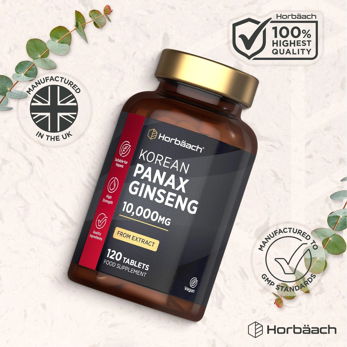 Horbäach Korean Panax Ginseng 10,000MG extract, 120 vegan tablets, dietary supplement.
