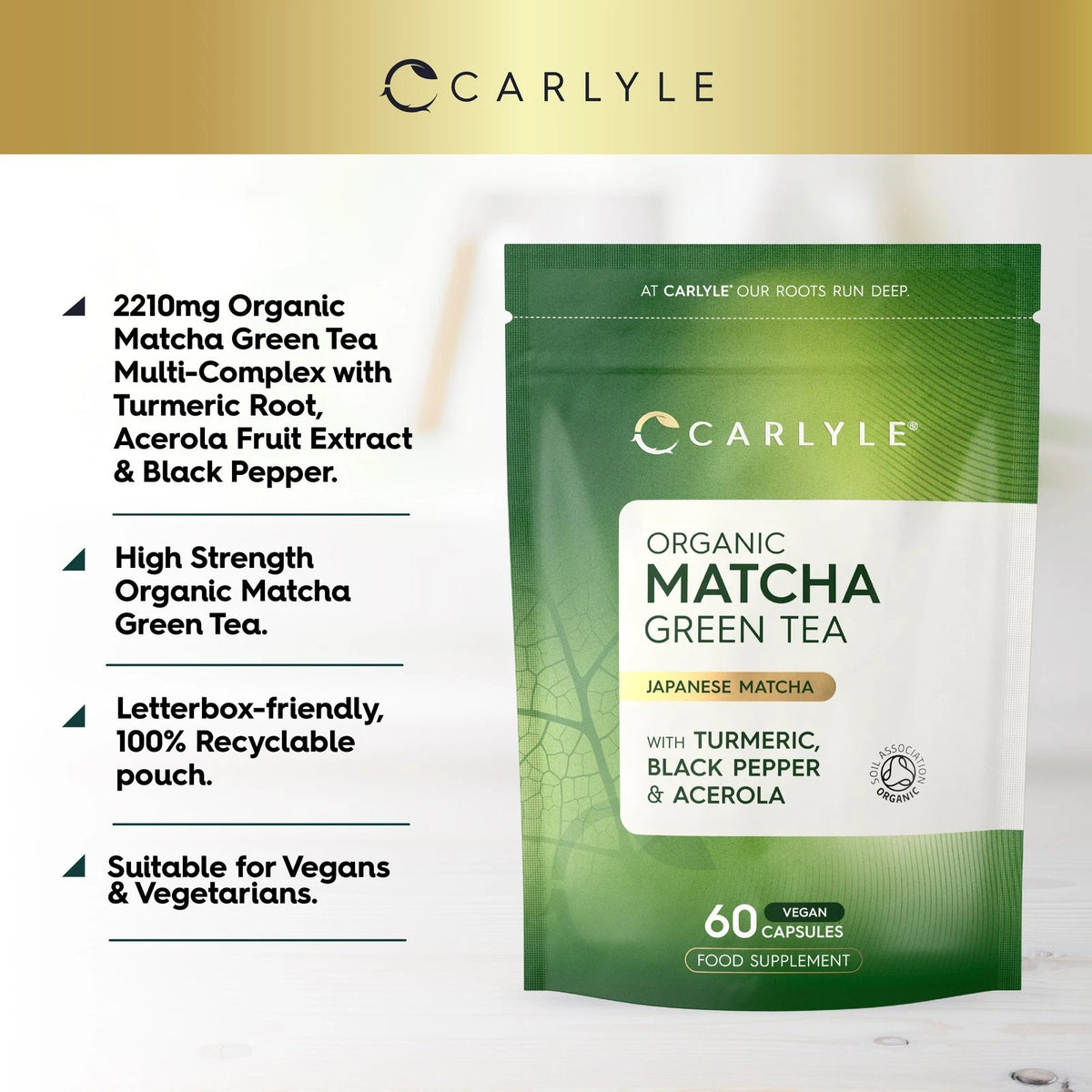Carlyle Organic Matcha Green Tea Complex with turmeric, black pepper, and acerola, 60 vegan capsules.