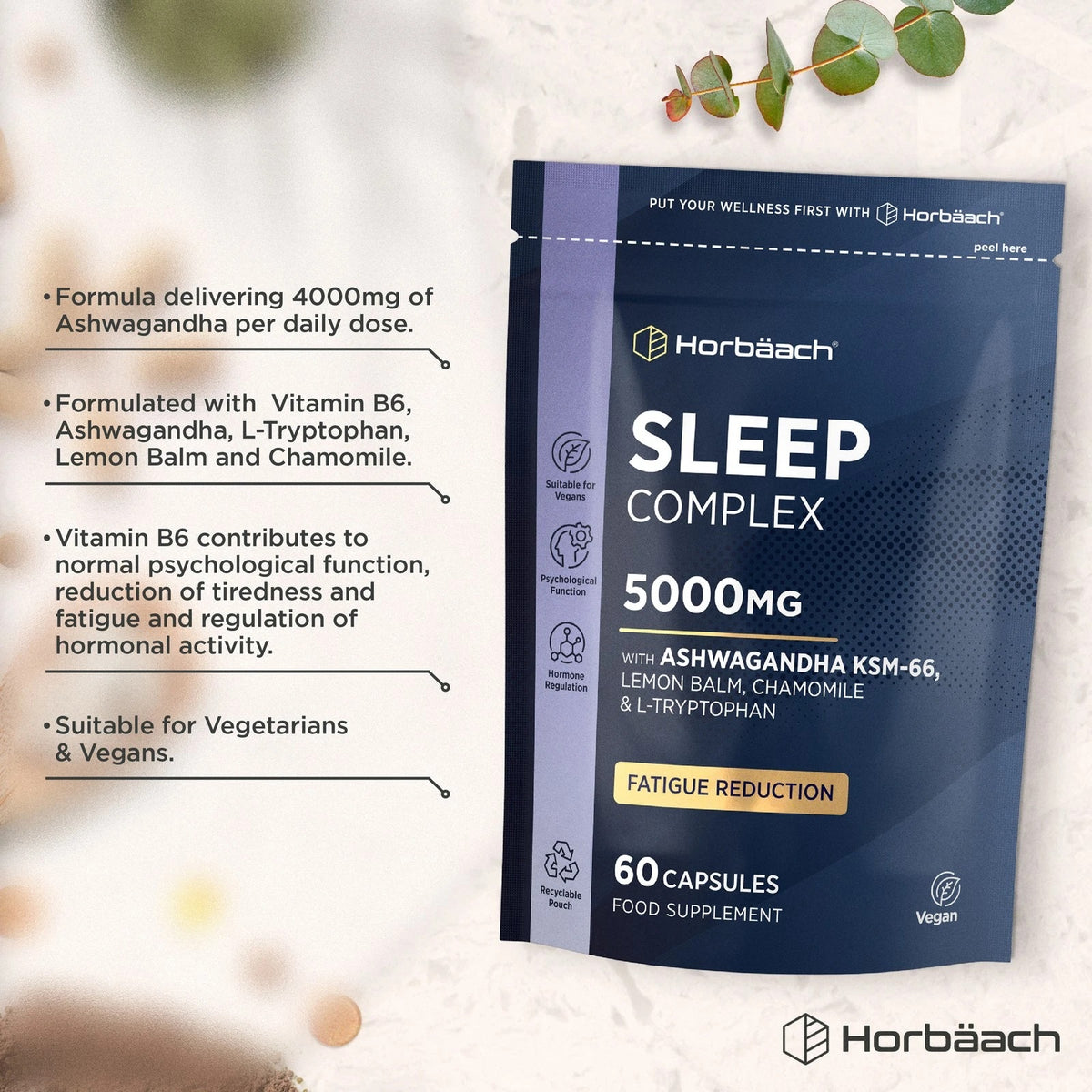 Horbäach Sleep Complex 5000mg, 60 Vegan Capsules. Supplement with Ashwagandha, Lemon Balm, Chamomile, L-Tryptophan.