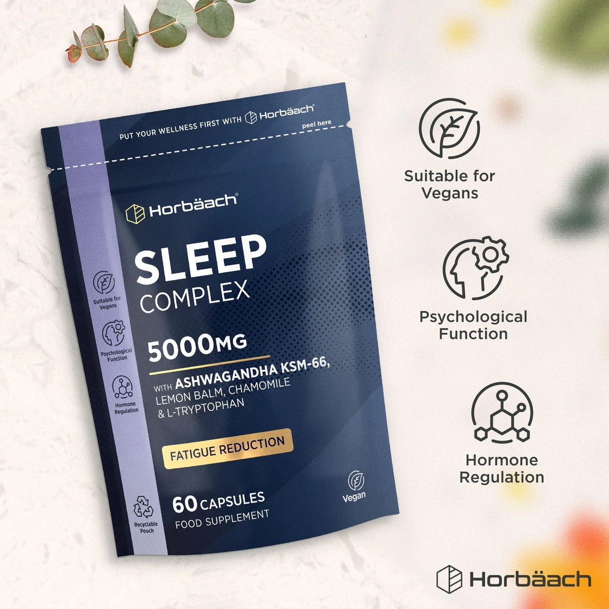 Horbäach Sleep Complex 5000mg with 60 vegan capsules for psychological function, hormone regulation, and fatigue reduction.