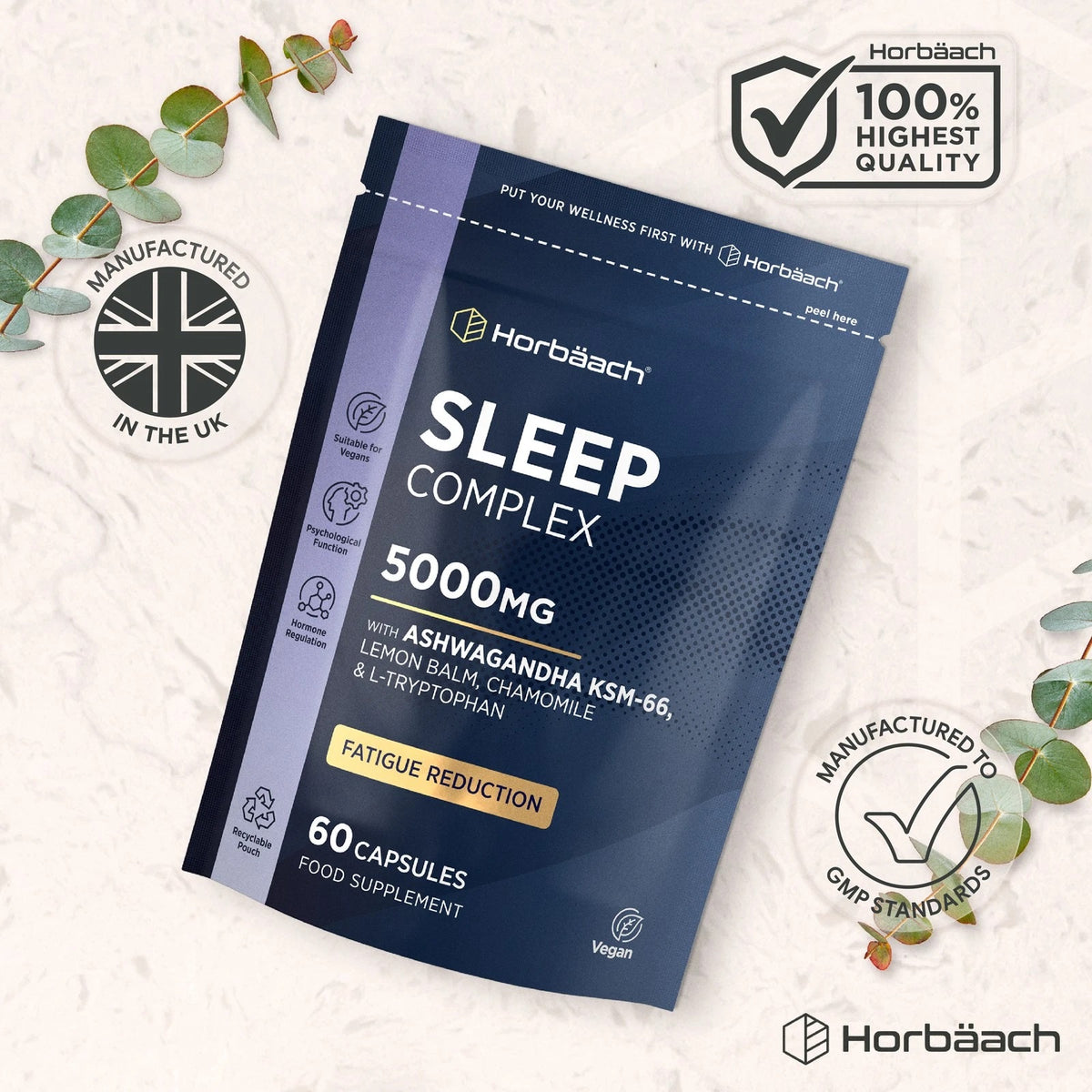 Horbäach Sleep Complex with 5000mg in 60 vegan capsules pouch.