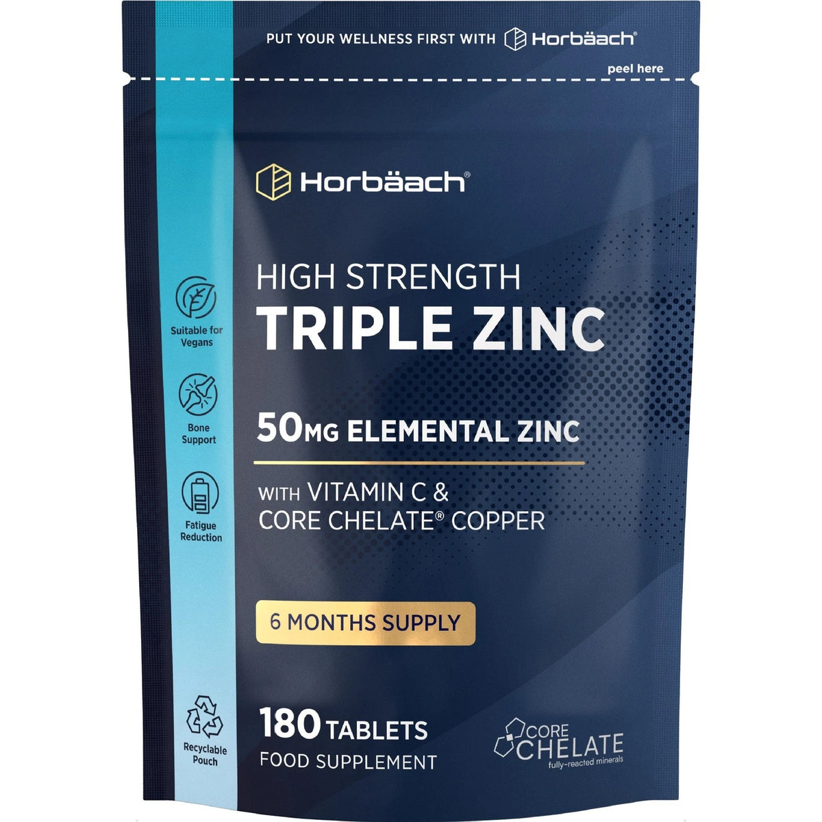 A bottle of High Strength Triple Zinc featuring 50mg of elemental zinc per vegan tablet, containing 180 tablets as a food supplement.