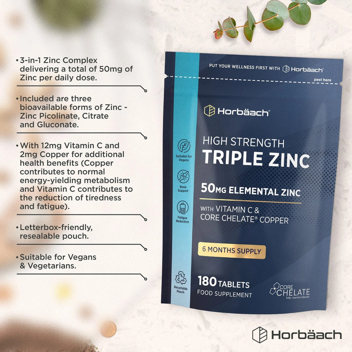 High Strength Triple Zinc Complex 180 Vegan Tablets, 50mg Elemental Zinc with Vitamin C & Core Chelate Copper, 6 Months Supply.