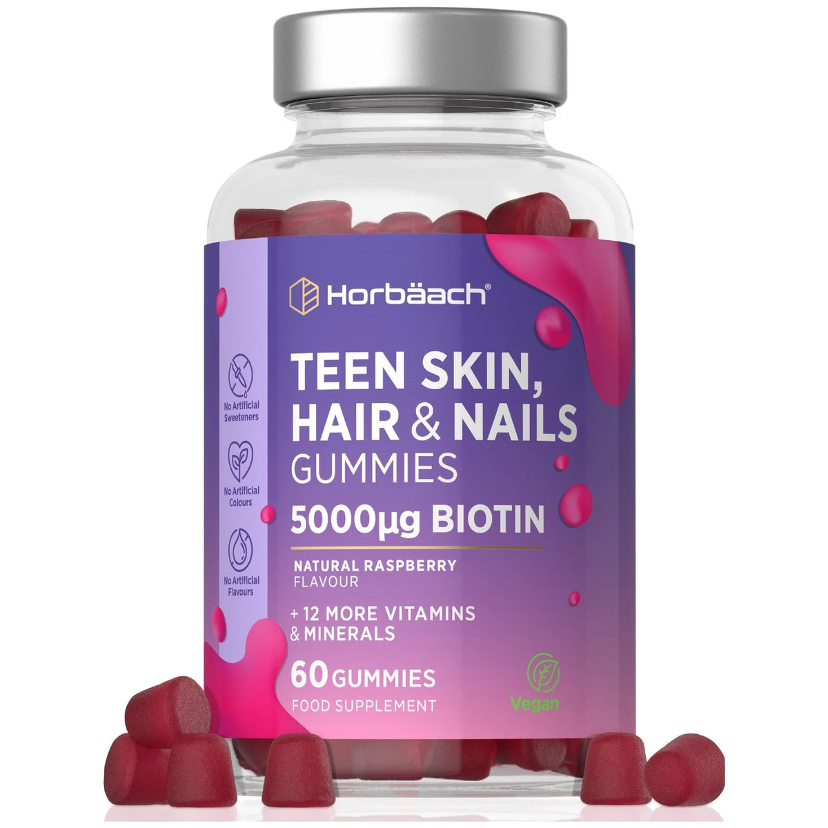 Horbäach Teen Skin, Hair & Nails vegan gummies with 5000µg biotin, natural raspberry flavor, 60 count.