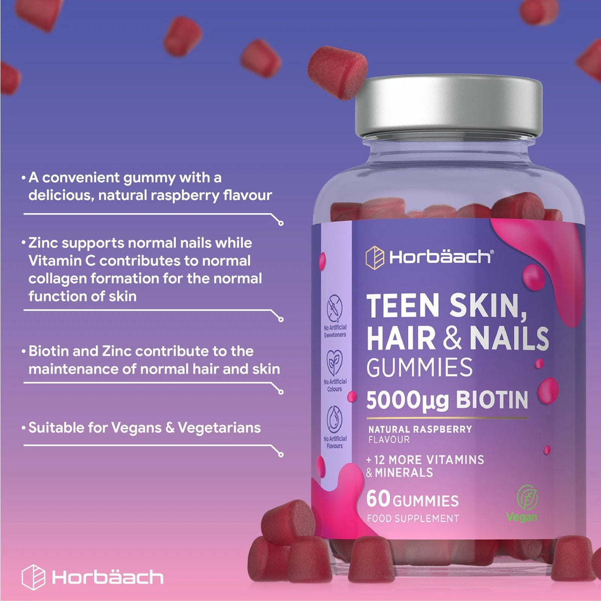 Horbäach Teen Skin, Hair & Nails 60 Vegan Gummies, Natural Raspberry Flavor, contains 5000µg Biotin.