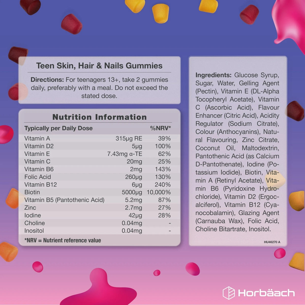 Teen Skin, Hair & Nails Gummies info panel with directions, nutrition table, and ingredients list.