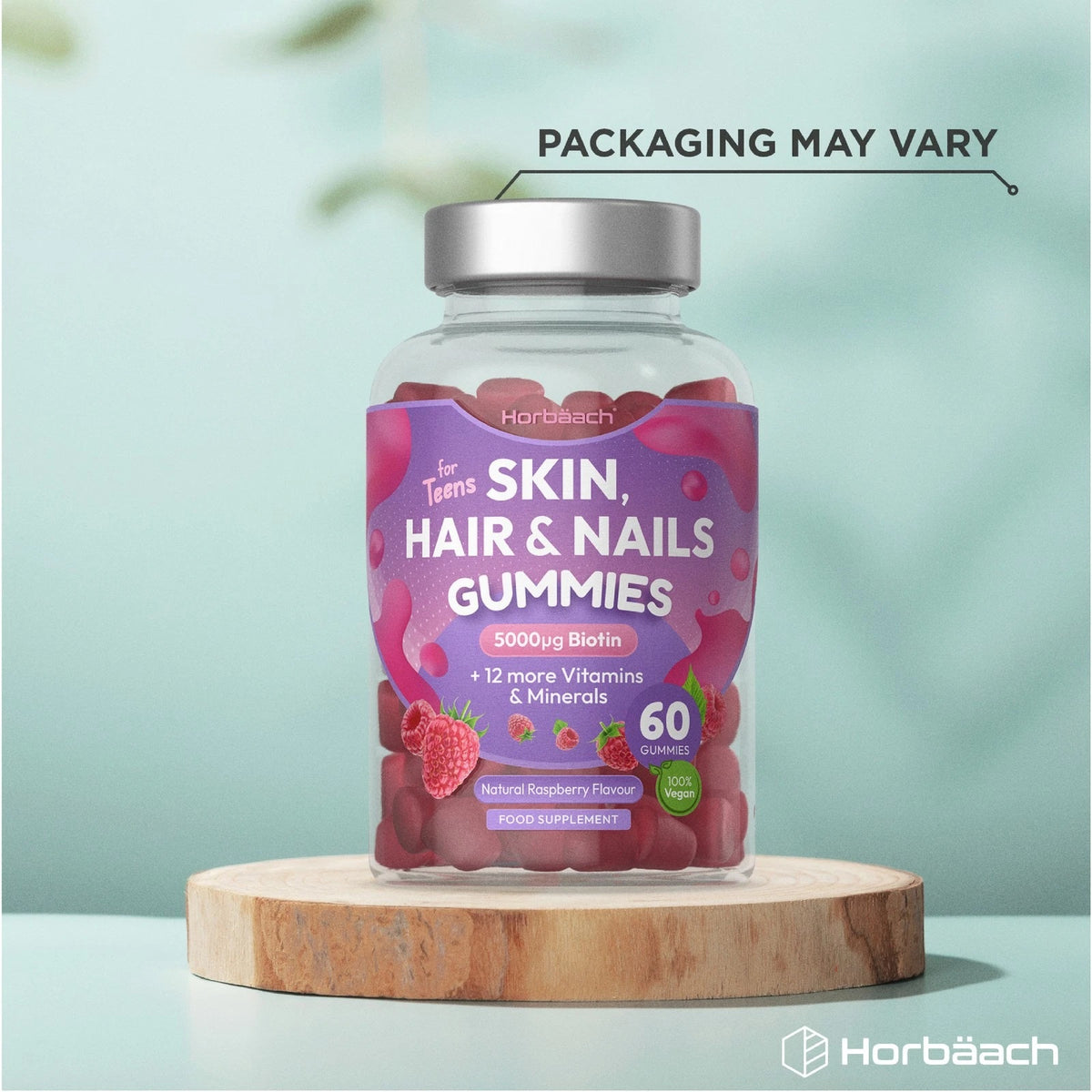 Horbaach Teen Skin, Hair & Nails Gummies with 5000µg Biotin, plus 12 vitamins and minerals, in a 60 vegan gummies pack.
