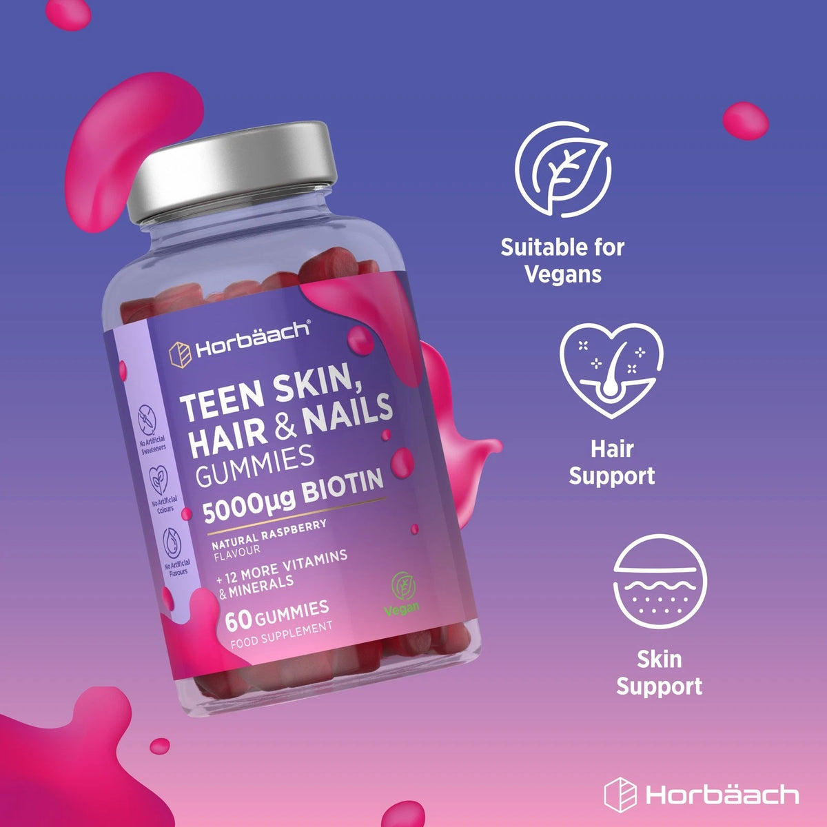 Teen Skin, Hair & Nails 60 Vegan Gummies with 5000µg Biotin, featuring natural raspberry flavor.