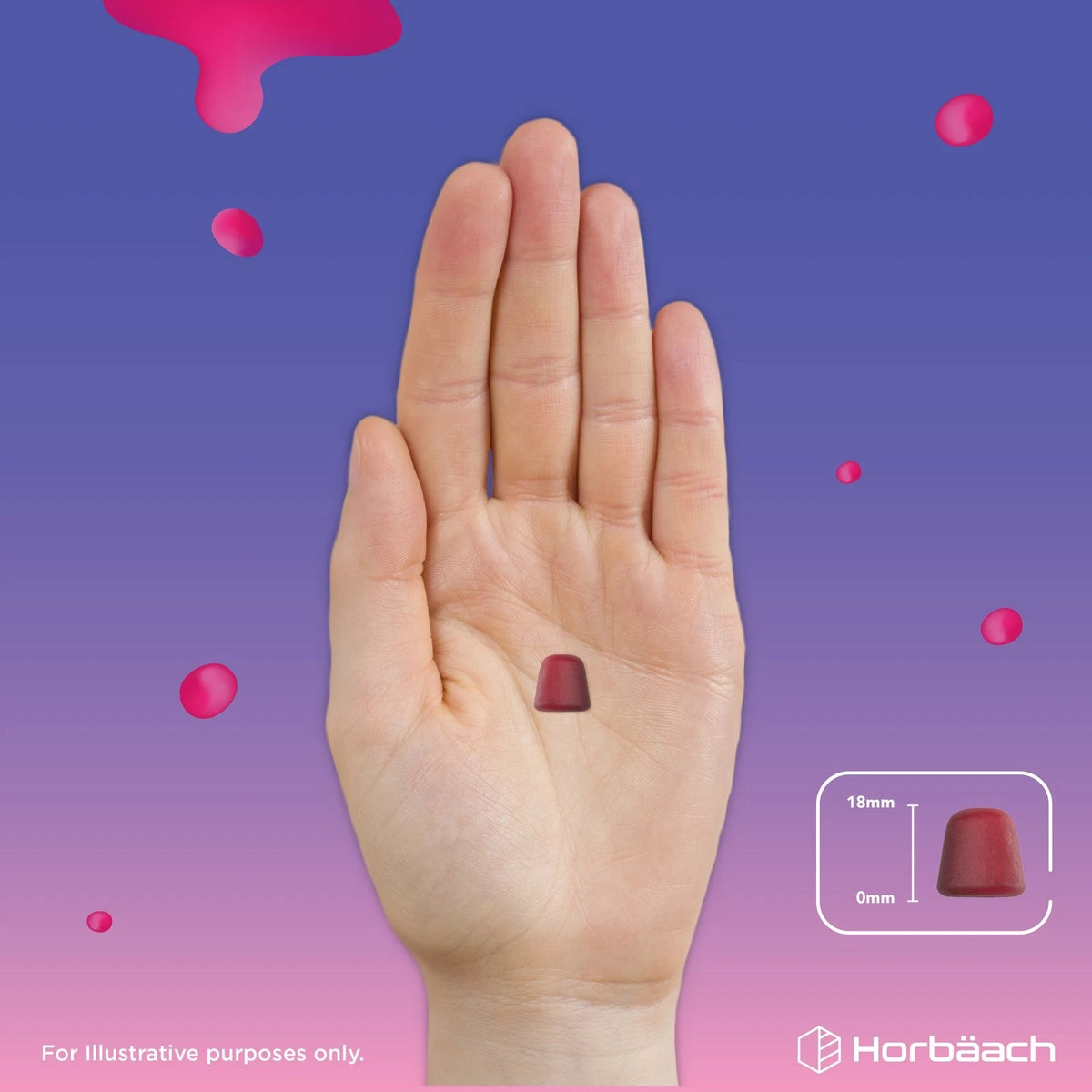 A single red vegan gummy on an open palm. Inset details gummy with 18mm height and 0mm width.