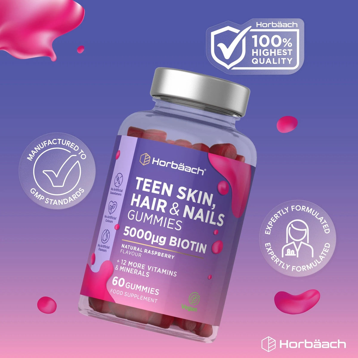 Teen Skin, Hair & Nails Gummies with 5000µg Biotin, natural raspberry flavor, 60 vegan gummies.