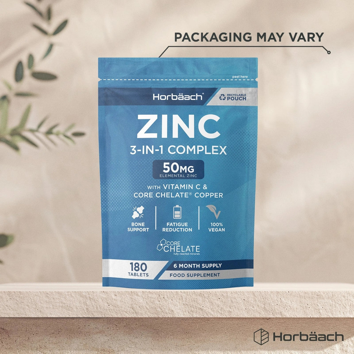 Triple Zinc Complex with Vitamin C and Core Chelate Copper, 50mg Zinc, 180 vegan tablets, 6-month supply.