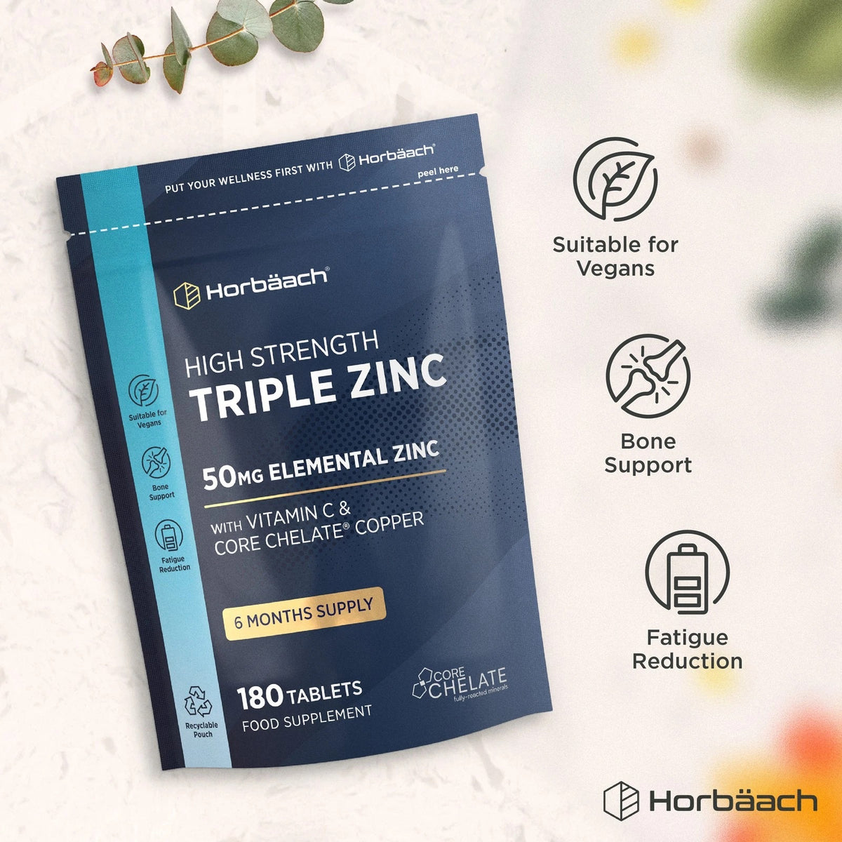 Horbäach High Strength Triple Zinc, 180 tablets, 50mg Elemental Zinc with Vitamin C & Core Chelate Copper food supplement pouch.