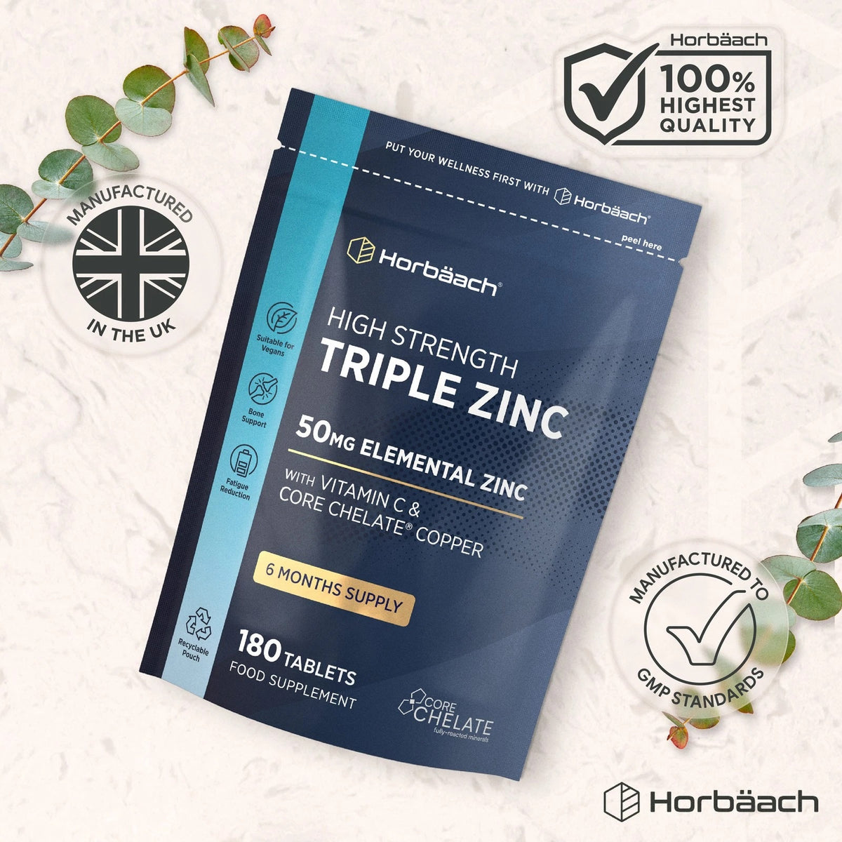 Horbäach High Strength Triple Zinc 50mg, 180 Tablets for 6 months, as a food supplement, depicted in product image.
