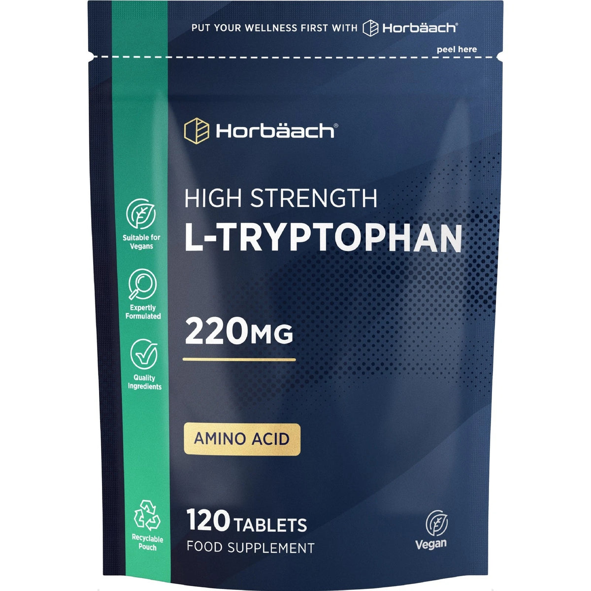 This product is a high-strength L-Tryptophan supplement containing 220mg per tablet, with 120 vegan tablets per bottle.