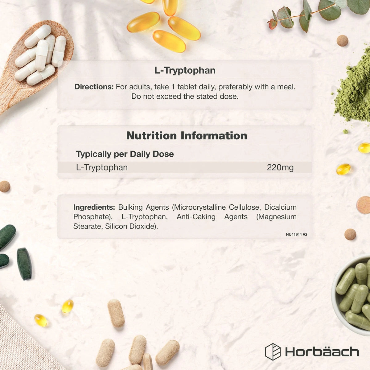 L-Tryptophan 220mg product graphic shows directions, nutrition details, and ingredients information.