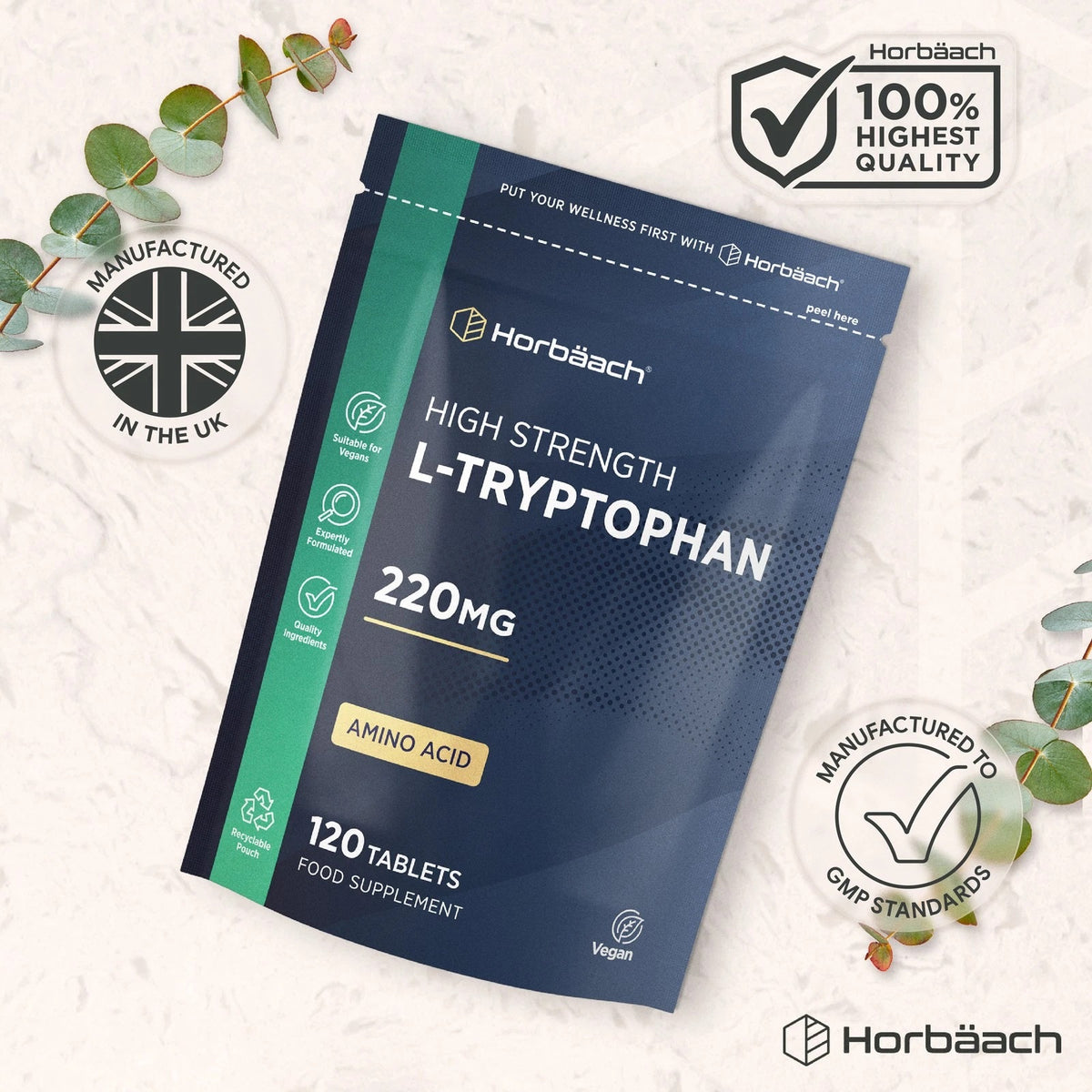Horbäach High Strength L-Tryptophan 220mg amino acid supplement with 120 vegan tablets in a pouch.