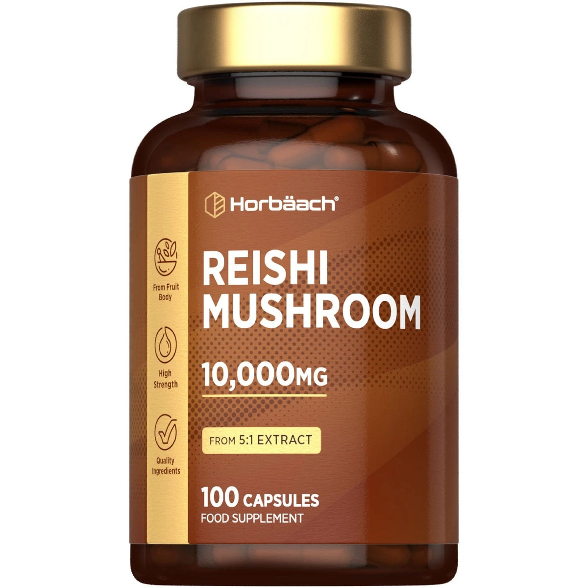 Reishi Mushroom 10,000MG from 5:1 extract, 100 capsules. Dietary food supplement.