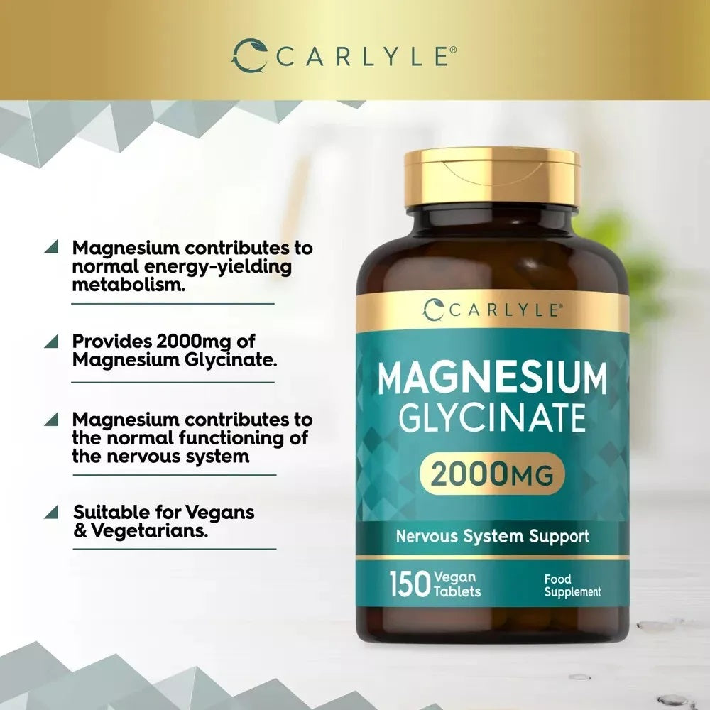 Product highlights graphic stating Magnesium aids energy metabolism, 2000mg Magnesium Glycinate, Magnesium aids nervous system, Vegan & Vegetarian friendly.