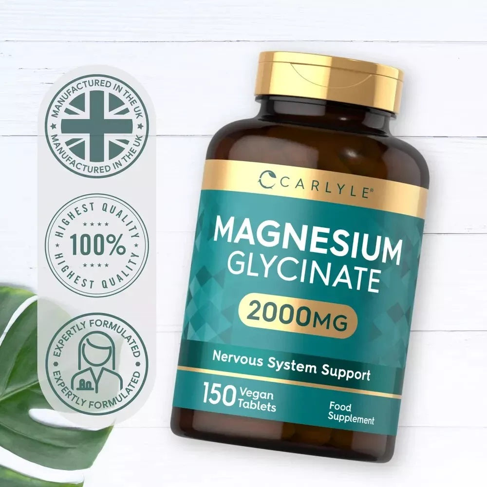 Carlyle Magnesium Glycinate supplement, 2000MG, 150 vegan tablets in a bottle. Ideal for those seeking magnesium support.