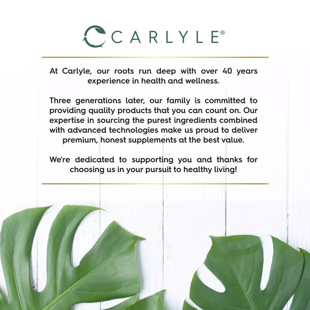 Infographic stating: Carlyle, over 40 years experience in health & wellness. Three generations committed to quality, premium, honest supplements at best value.