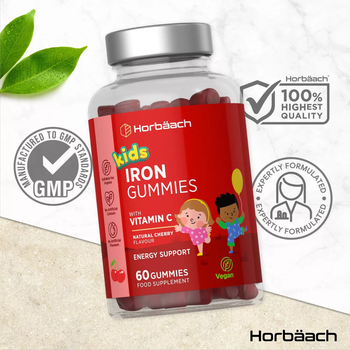 Kids Iron Gummies with Vitamin C, natural cherry flavor, for energy support. Contains 60 vegan gummies food supplement.