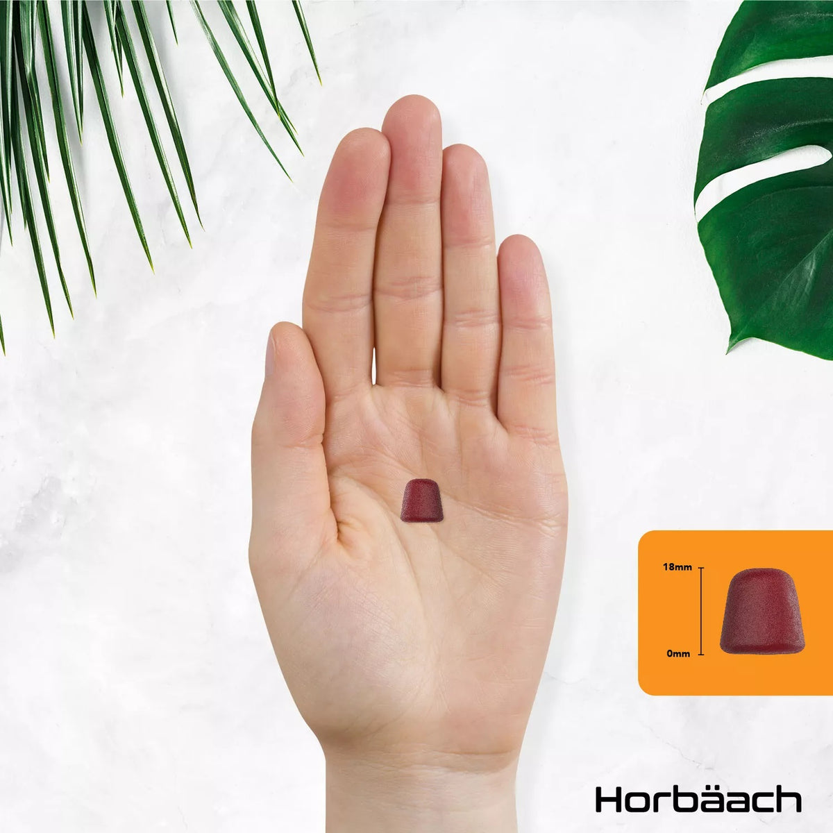 A dark red vegan gummy rests on an open palm, with a graphic showing its height as 18mm.