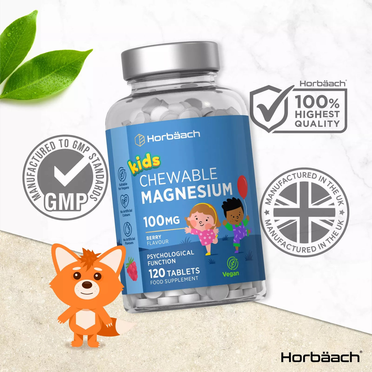 Horbäach Kids Chewable Magnesium tablets, 100mg, berry flavor, 120-count food supplement.