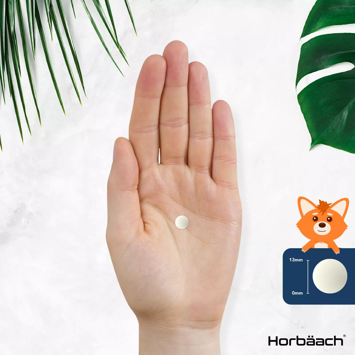 A white, round 13mm tablet rests in an open palm.