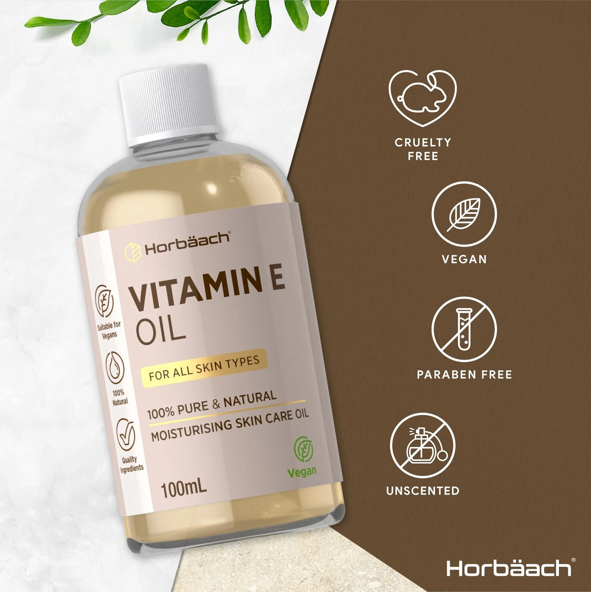 Vitamin E Oil bottle: Suitable for Vegans, 100% Natural, Quality Ingredients, Vegan, Cruelty Free, Vegan, Paraben Free, Unscented