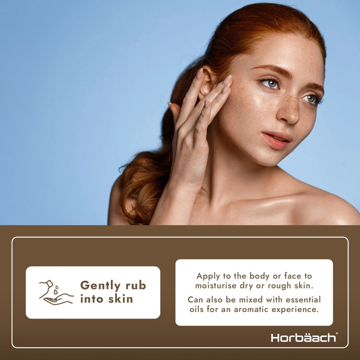 Product highlights graphic stating Gently rub into skin, Moisturizes dry or rough body or face skin, Mix with essential oils for aromatic experience.