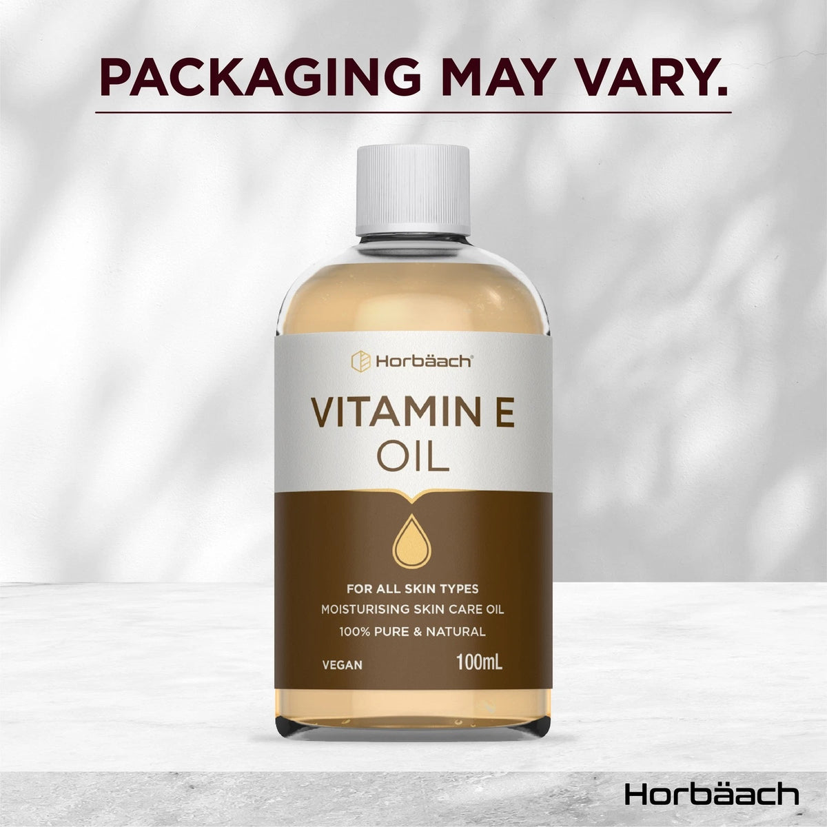 Horbäach Vitamin E Oil 100mL bottle, suitable for all skin types, moisturizing skincare oil, 100% pure and natural, vegan.