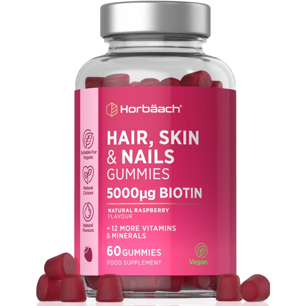 Horbäach Hair, Skin & Nails Gummies with 5000µg Biotin, Natural Raspberry Flavor, 60 Vegan Gummies.