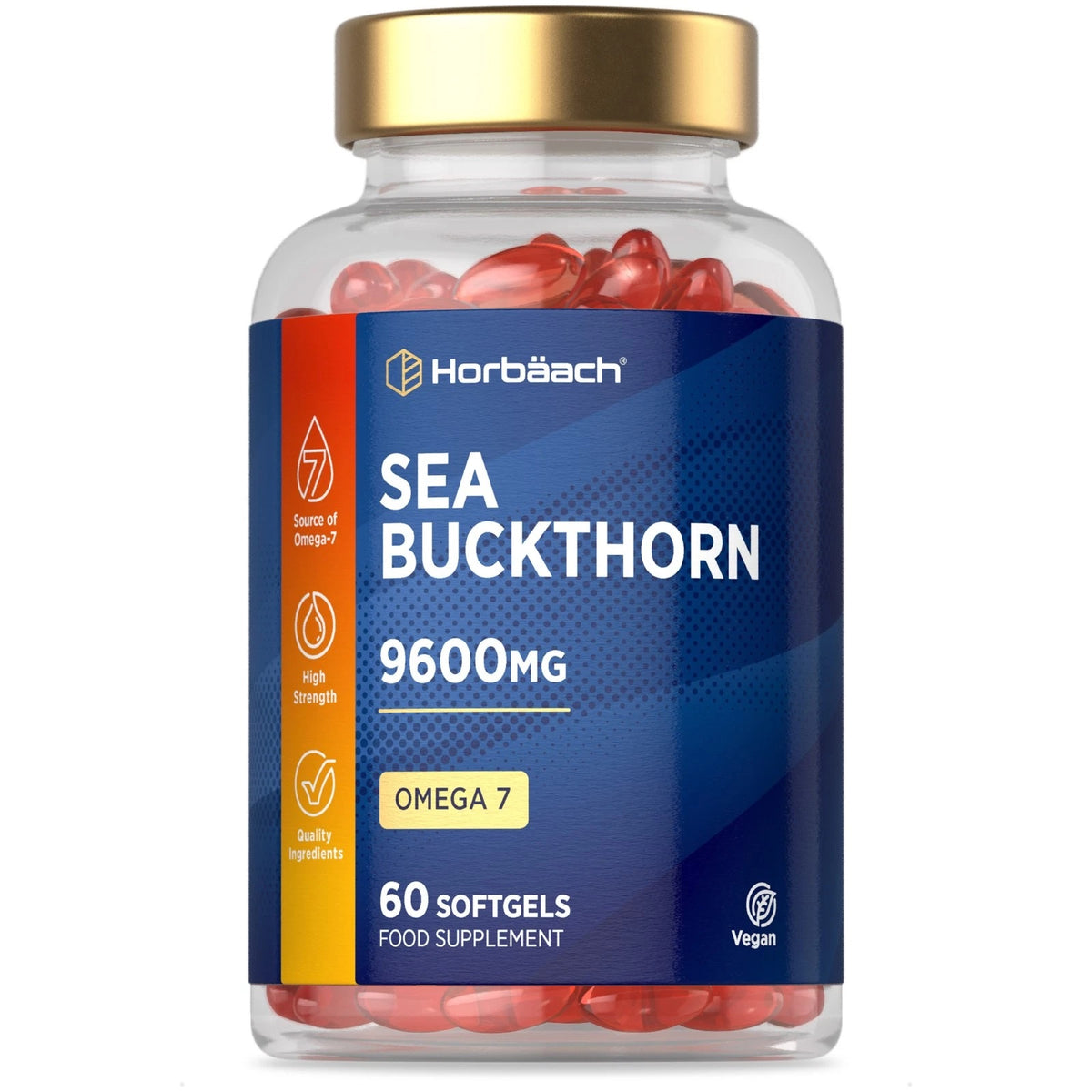 Horbäach Sea Buckthorn 9600MG, 60 Softgels, featuring Omega 7, is a vegan food supplement.