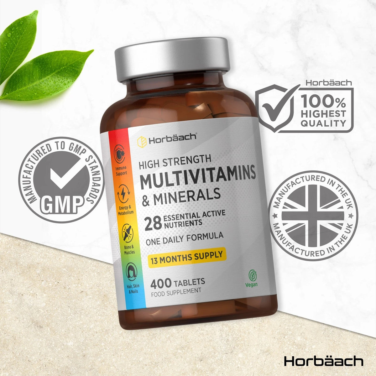 Horbäach High Strength Multivitamins & Minerals, 400 Vegan Tablets, 13 Months Supply, one daily formula.