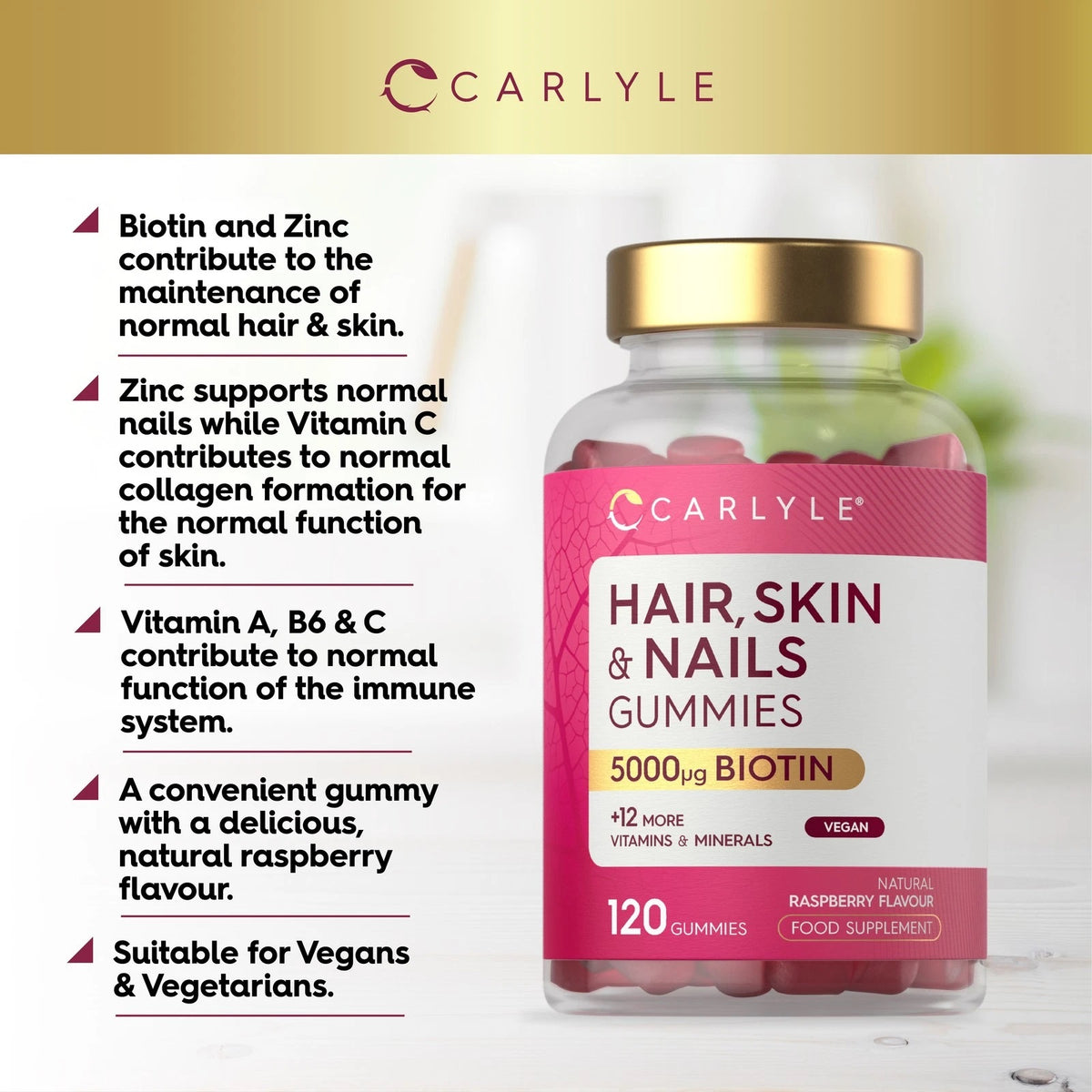 Hair, Skin & Nails Gummies with 5000µg Biotin, 120 count, natural raspberry flavor, vegan formula.