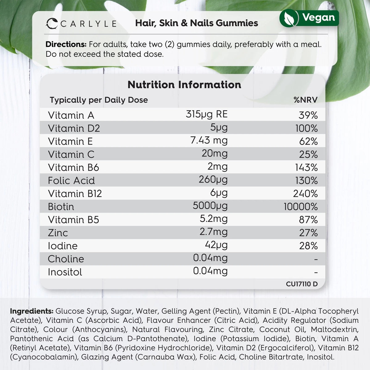 CARLYLE Hair, Skin & Nails Gummies product label showing directions, Vegan badge, Nutrition Information table, and ingredients list.