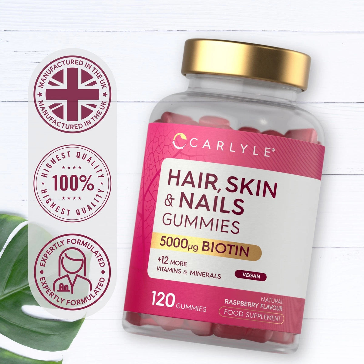 Carlyle Hair, Skin & Nails 120 Gummies with 5000µg Biotin, 12 extra vitamins and minerals, natural raspberry flavor, vegan.