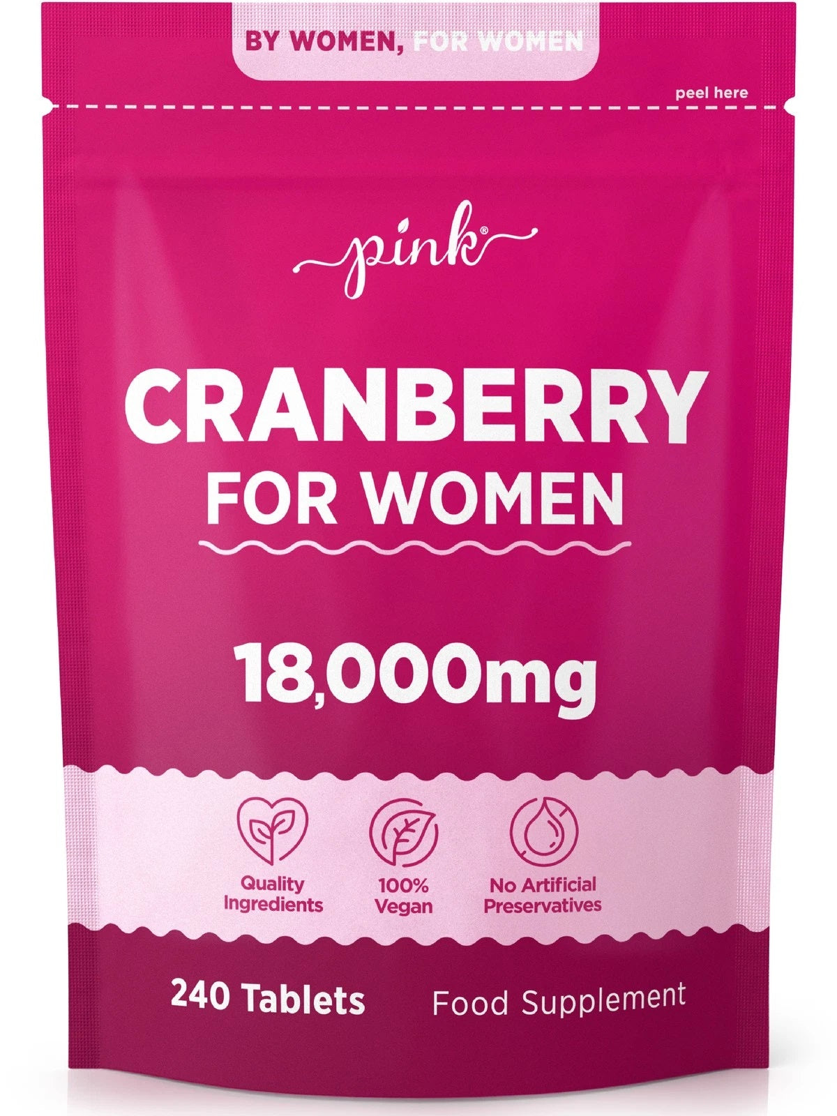 Cranberry for Women 18,000mg 240 Tablets, made for women with quality vegan ingredients and no artificial preservatives.
