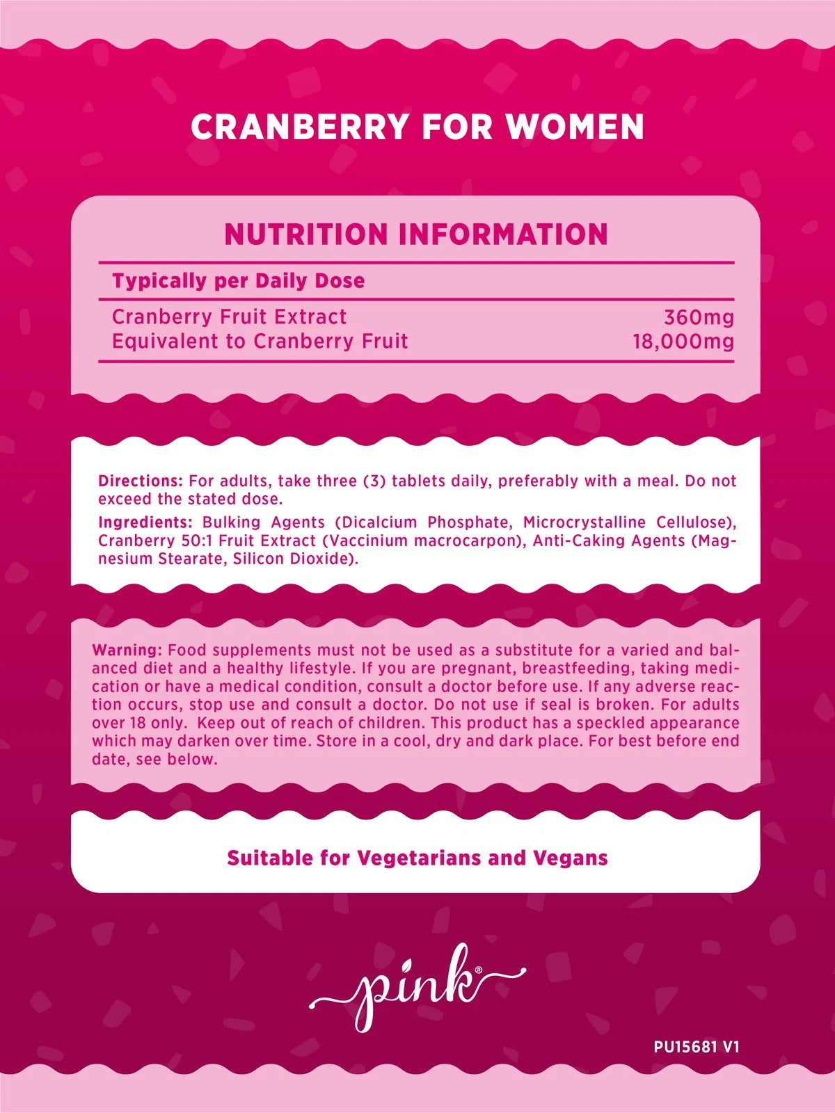 Cranberry for Women tablets with 360mg Cranberry Fruit Extract (18,000mg Equivalent). Suitable for Vegetarians and Vegans.