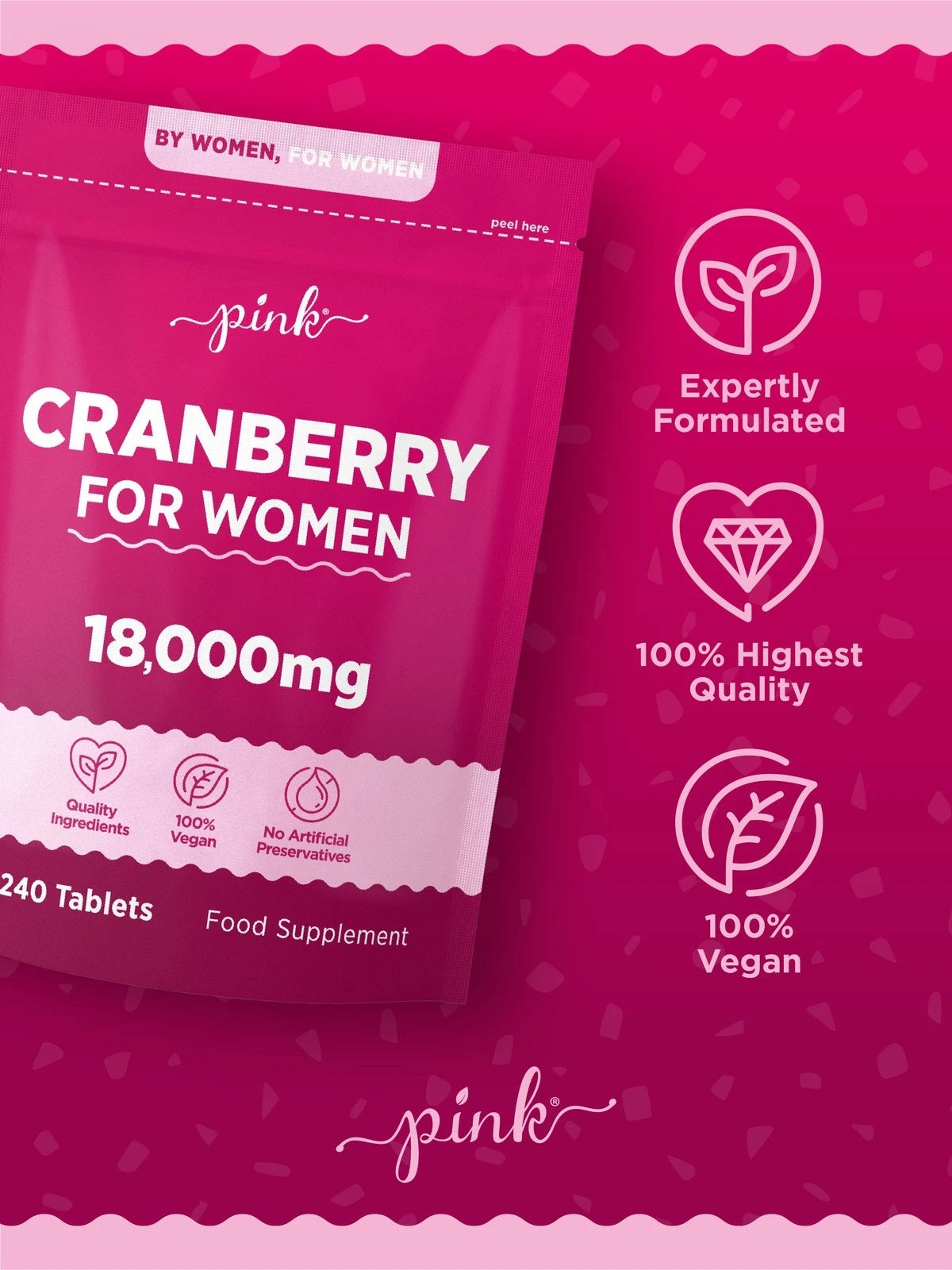 Cranberry for Women supplement: 18,000mg, 240 tablets in a pouch.