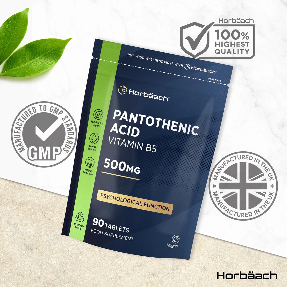 Horbäach Pantothenic Acid Vitamin B5 500MG, 90 Tablets supplement in a pouch.