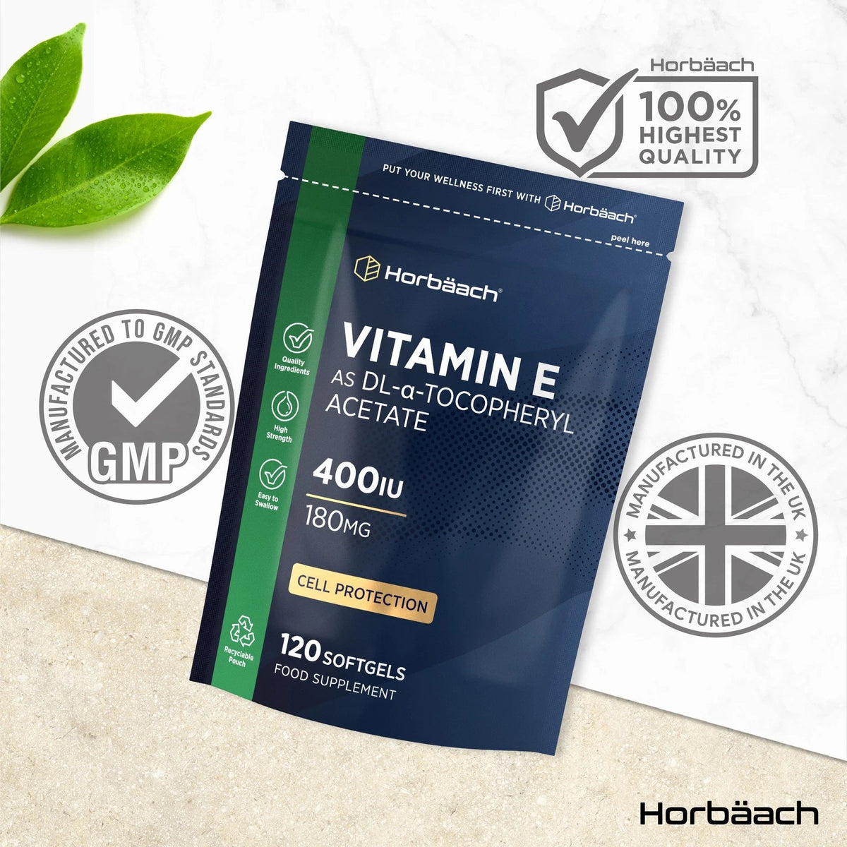 Vitamin E supplement with 400IU DL-α-Tocopheryl Acetate, 180mg, 120 softgels, supports cell protection.