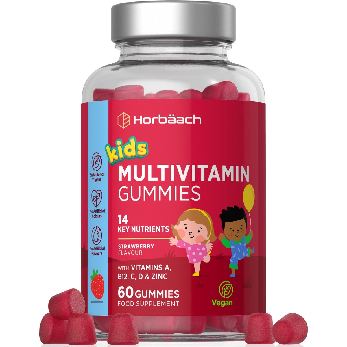 Horbäach Kids Multivitamin Gummies, Strawberry Flavor, with Vitamins A, B12, C, D, and Zinc, 60 Vegan Gummies.