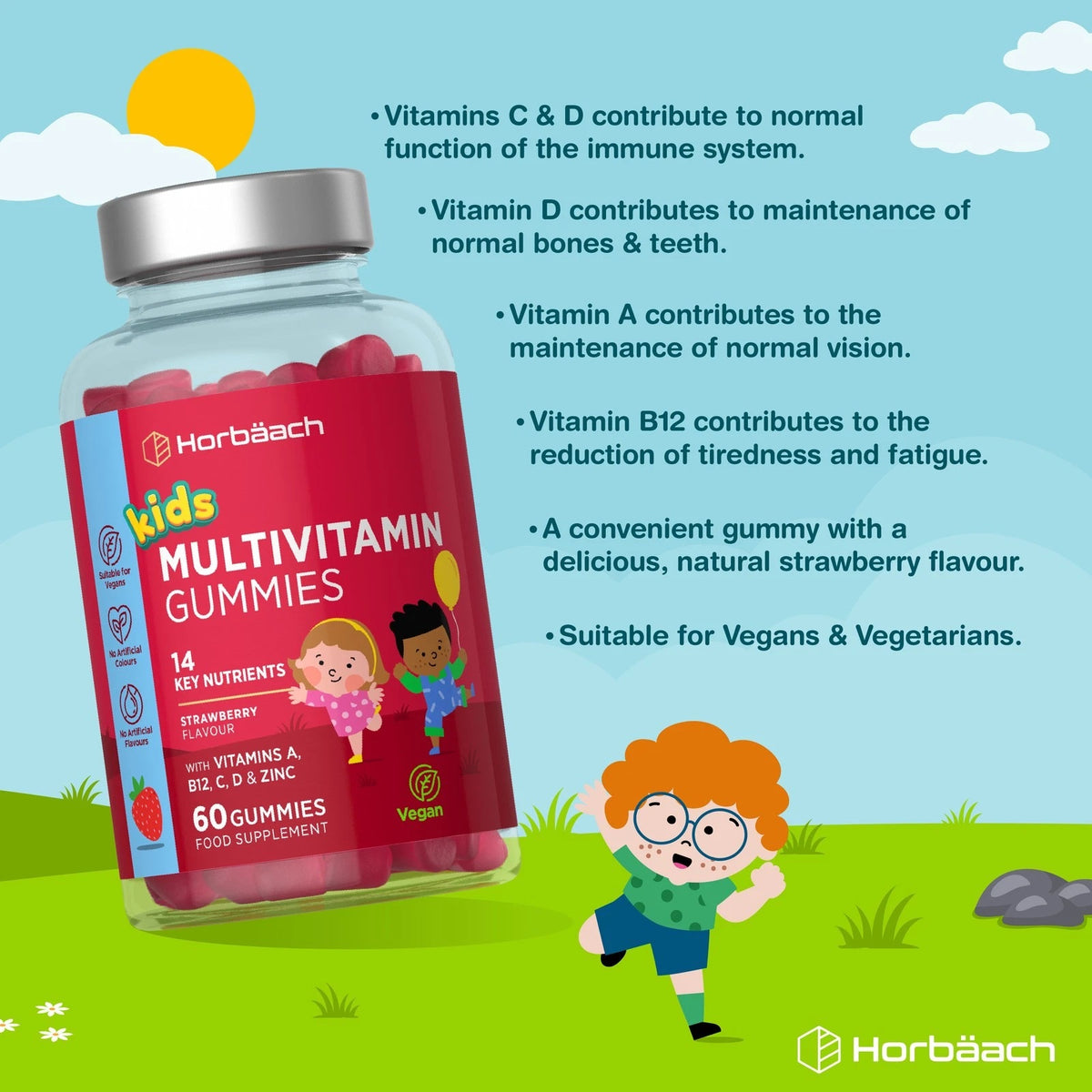 Horbäach Kids Multivitamin Gummies, 60 strawberry-flavored gummies with Vitamins A, B12, C, D & Zinc, suitable for vegans.