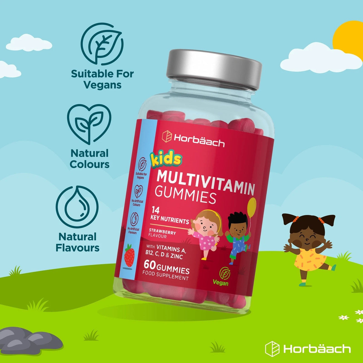 Kids Multivitamin 60 Vegan Gummies, Strawberry Flavour. Vegan, No Artificial Colours or Flavours.