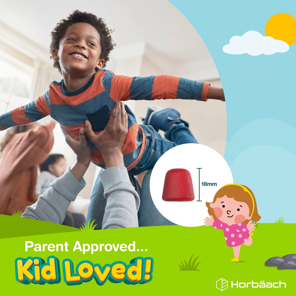 Young boy plays airplane with adults, next to a cartoon girl and red 18mm gummy, HU Kids Multivitamin Gummies.