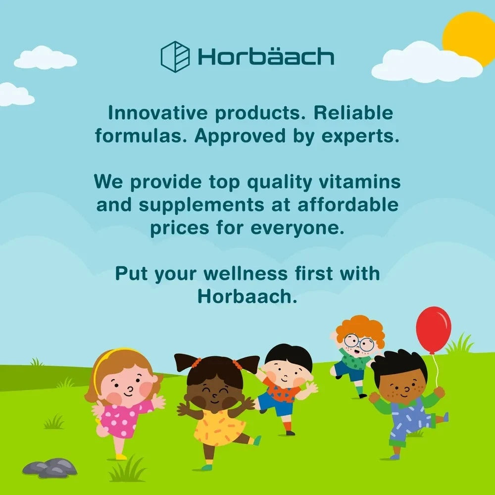 Horbääch graphic: 'Innovative products. Reliable formulas. Approved by experts.' Five diverse children playing on green grass.