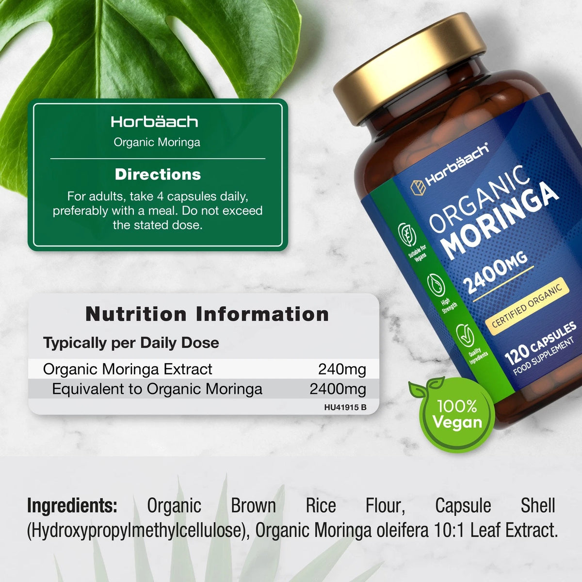 Horbäach Organic Moringa 2400mg 120 Capsules. Certified Organic, 100% Vegan food supplement.