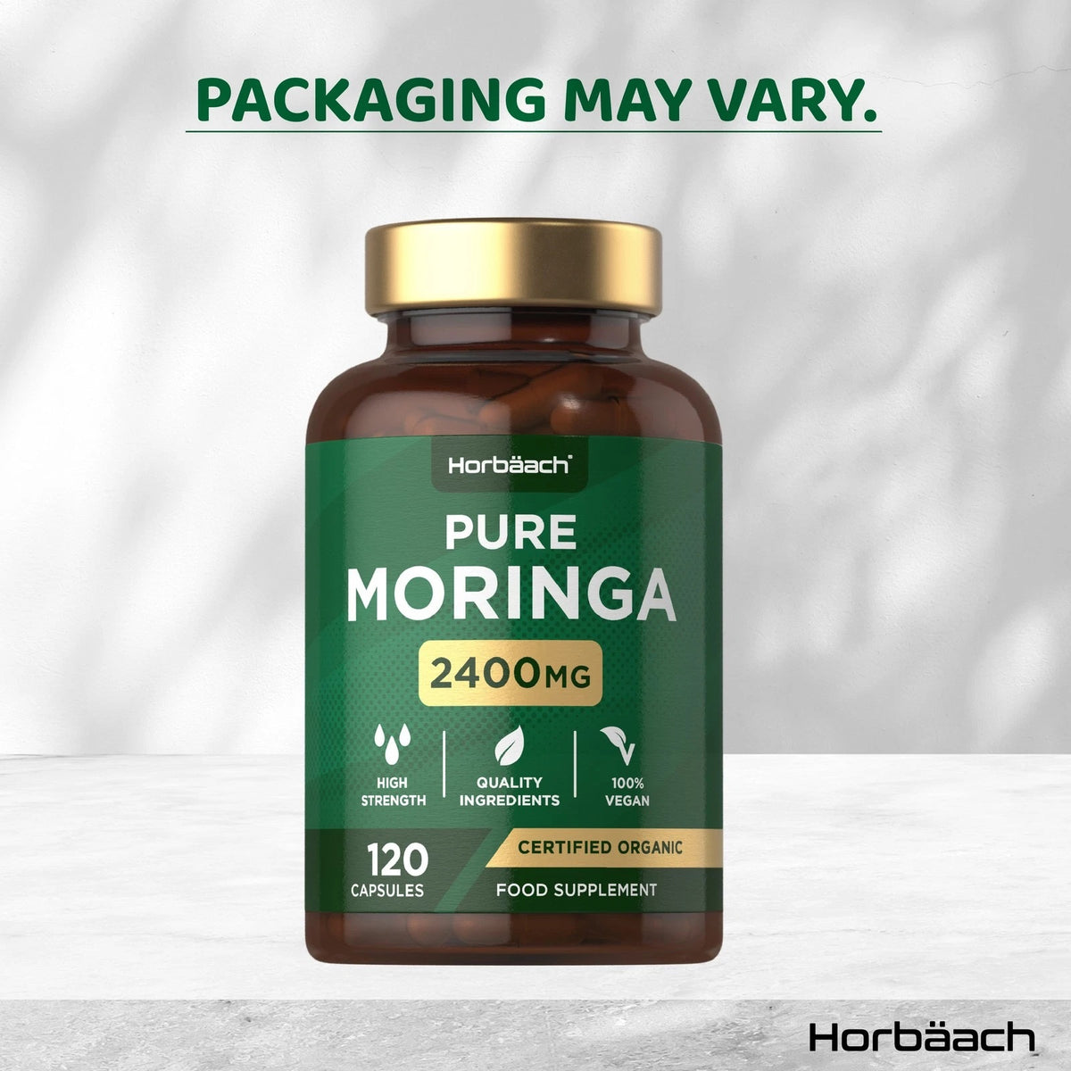 Pure Moringa 2400mg 120 Capsules. Certified Organic Food Supplement. High Strength, Quality Ingredients, 100% Vegan.