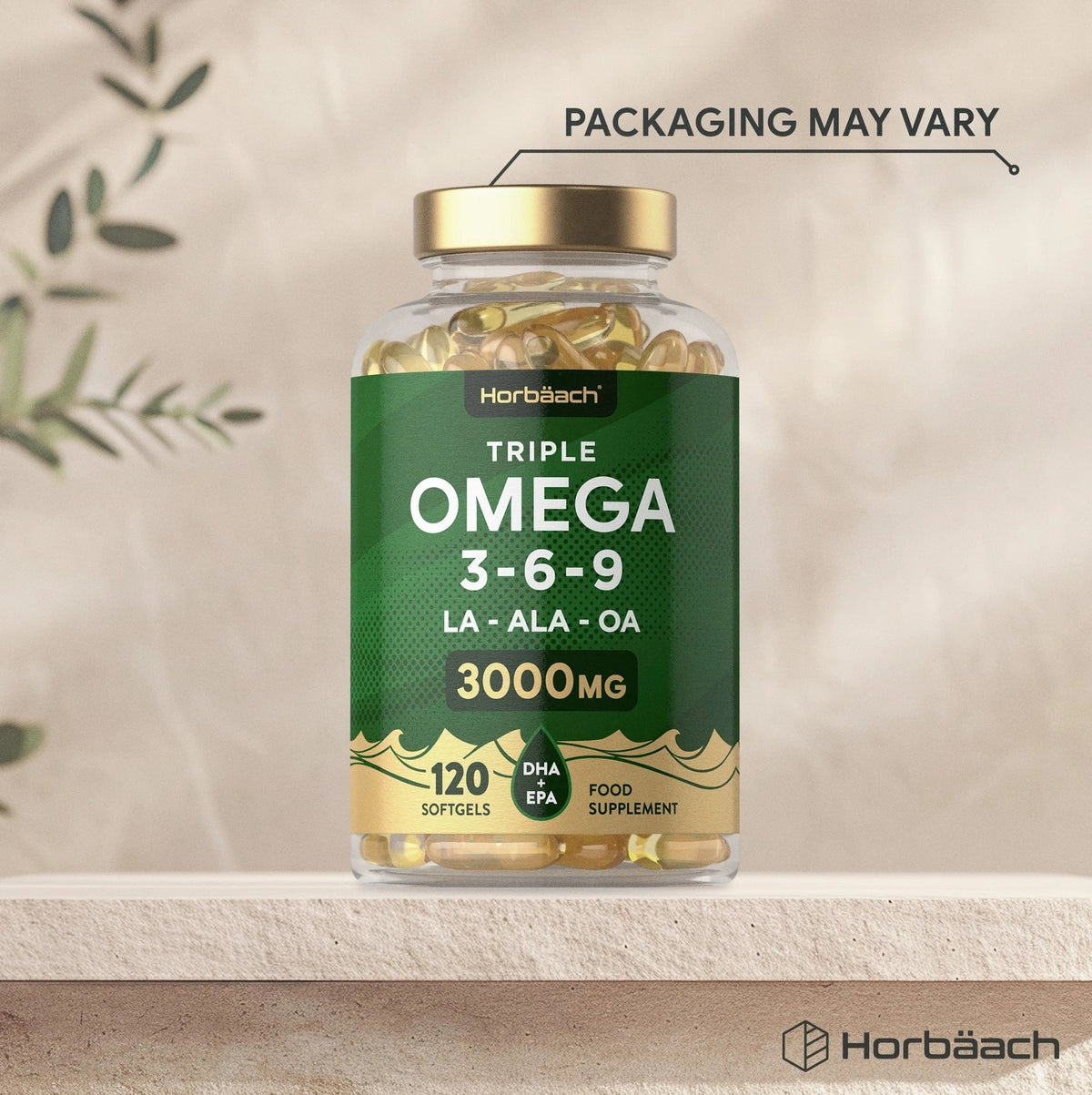 Horbäach Triple Omega 3-6-9 supplement with 3000MG of LA-ALA-OA, DHA + EPA, in 120 softgels.